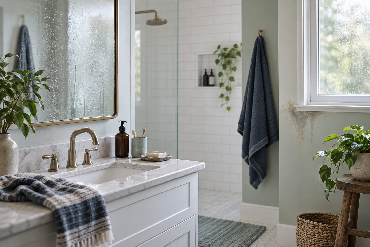 Illustrative bathroom with condensation on a mirror and staining beside a window
