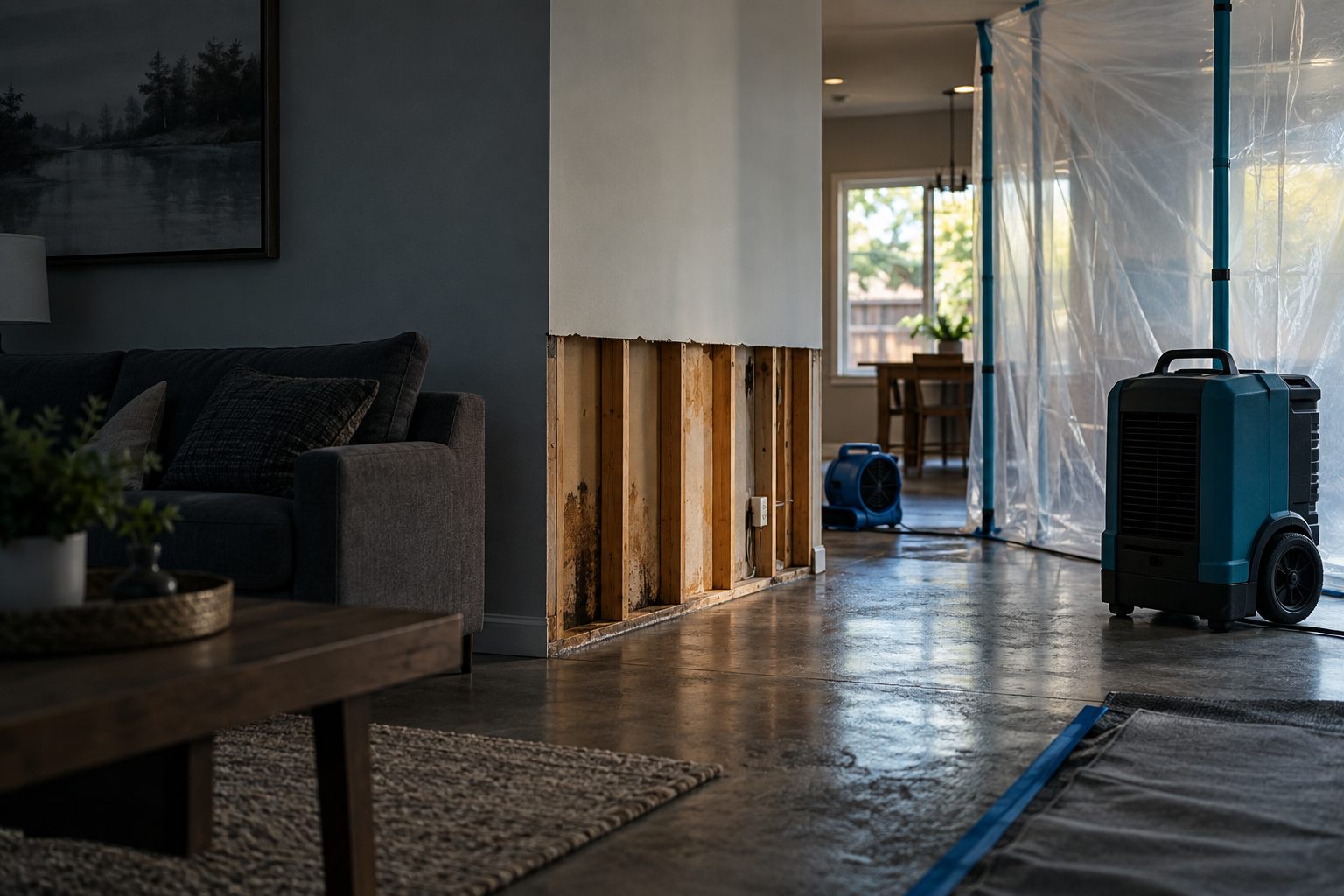 Illustrative interior with opened wall framing, containment sheeting and drying equipment