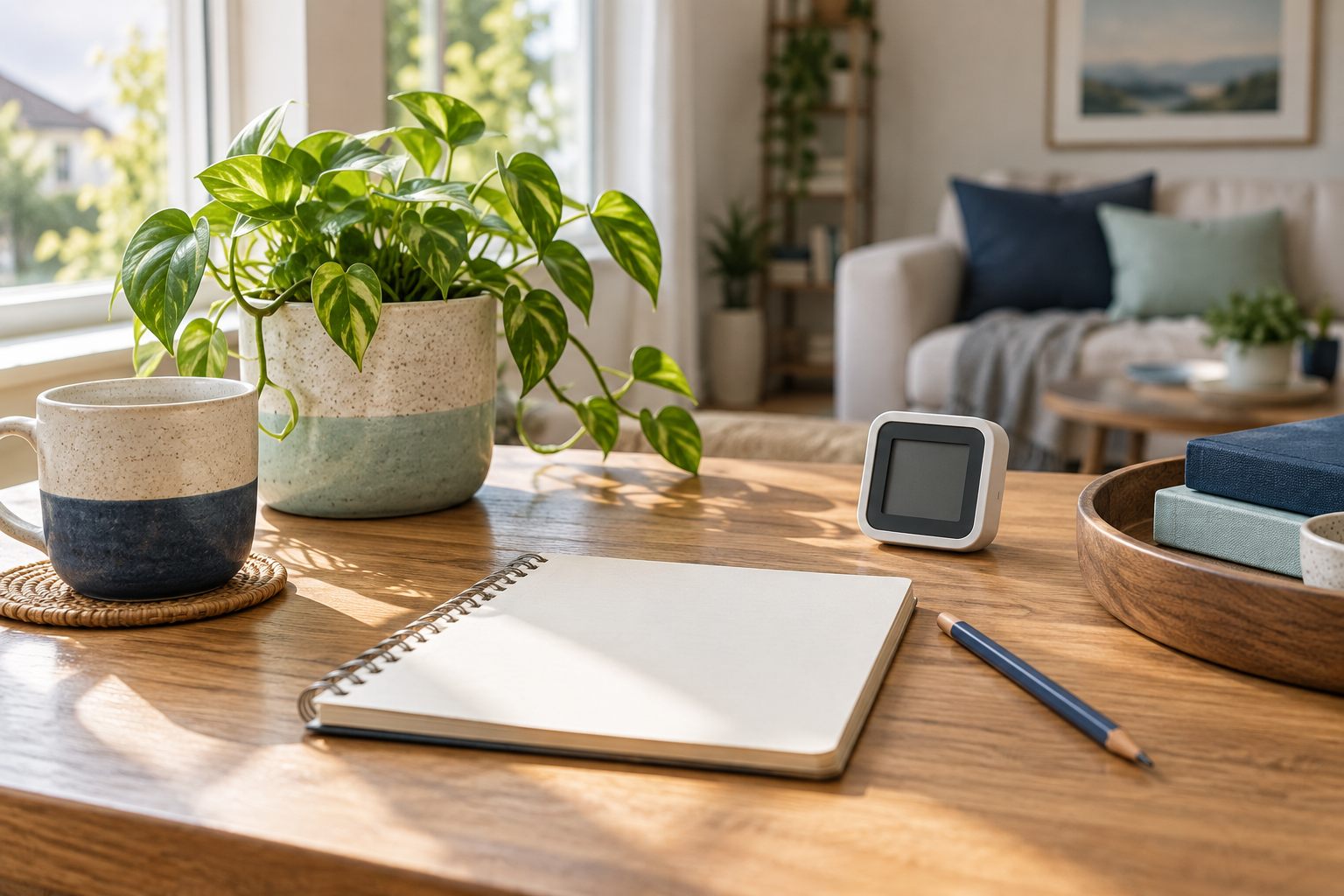 Illustrative notebook and humidity meter on a table beside a home window